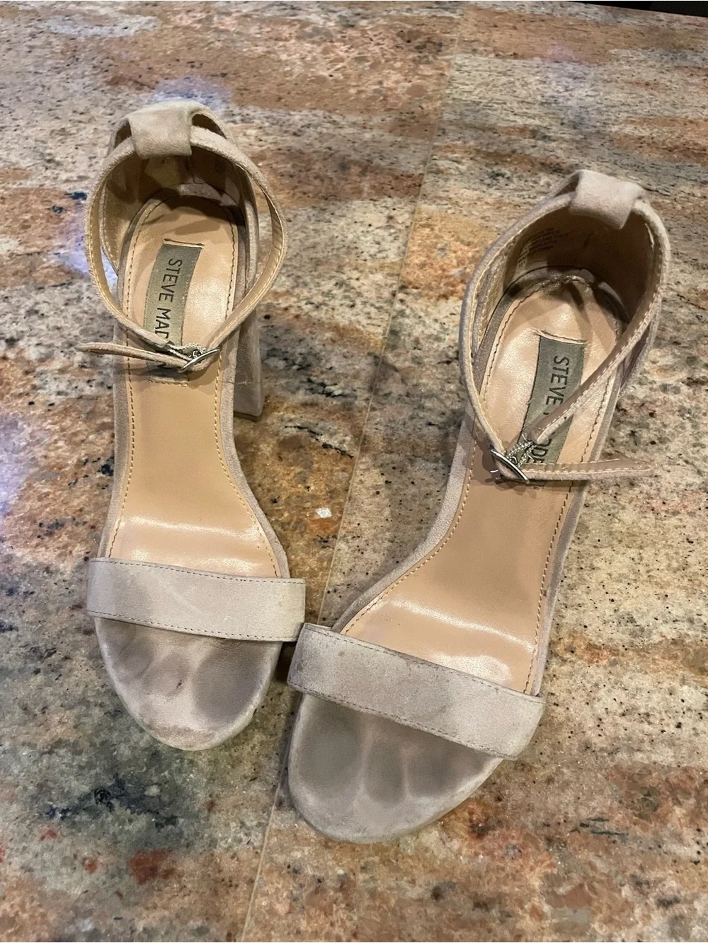 Steve Madden Beige Suede Ankle-Strap Block Heels